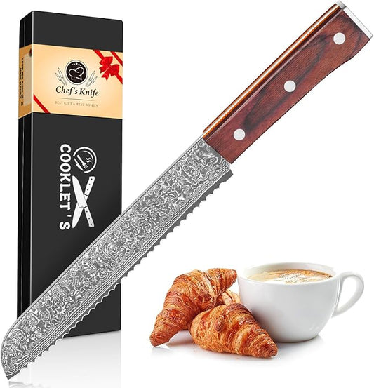 COOKLET'S Bread Knife, Professional VG10 Damascus High Carbon Stainless Steel Bread Cutting Knife, 8 Inch Serrated Cake Knife Bread Cutter, G10 Ergonomic Color Wooden Handle with Gift Box