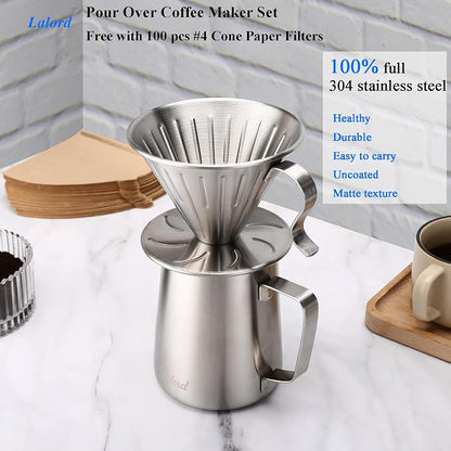 Lalord Pour Over Coffee Maker, 304 Stainless Steel wIth 100 pcs Paper Filters & 600ml Milk Frothing Pitcher, for Home & Camping