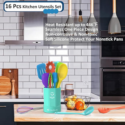 Silicone Kitchen Utensils Set, 16-Piece Silicone Cooking Utensils by Deedro, Heat Resistant Kitchen Tools Set with Holder, Nonstick Spatula Kitchen Gadgets for Cooking & Baking, Colorful