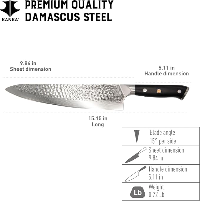 KANKA 10-inch 67 Layers Damascus Steel Profesional Chef Knife - Extra Long, G10 Black Fiberglass Handle, Razor Sharp Knife. Wood Sheath Included