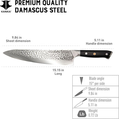 KANKA 10-inch 67 Layers Damascus Steel Profesional Chef Knife - Extra Long, G10 Black Fiberglass Handle, Razor Sharp Knife. Wood Sheath Included