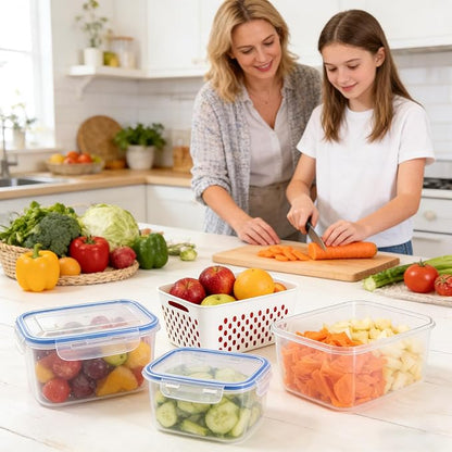 3PC-4 in 1 Food Storage Container, Fruit Storage Containers for Fridge, Produce Storage Containers with Lid and Strainer, Including Drain Basket, Multipurpose Large Fruit Containers for Fridge (White)