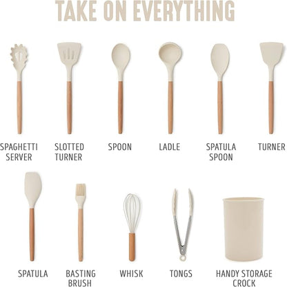 GreenLife 11 Piece Silicone Utensil Crock Set, Nonstick Kitchen Tools, Ladle, Turner, Slotted Turner, Spatula, Spoon, Spaghetti Server, Brush, Whisk, Tongs, Crock, Cream White