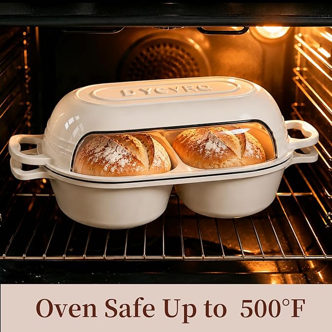 Dutch Oven For Sourdough Bread Baking – Enameled Cast Iron Dutch Oven Pot with Lid, Double Bread Loaf Pan – 500°F Oven Safe Non Stick Bread Pot for Homemade Bread, Meatloaf, Cake–Round Loaf Space, Even Heating– Cream White