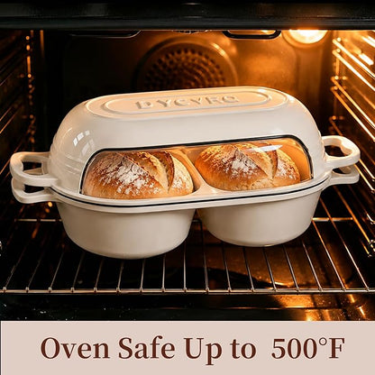 Dutch Oven For Sourdough Bread Baking – Enameled Cast Iron Dutch Oven Pot with Lid, Double Bread Loaf Pan – 500°F Oven Safe Non Stick Bread Pot for Homemade Bread, Meatloaf, Cake–Round Loaf Space, Even Heating– Cream White