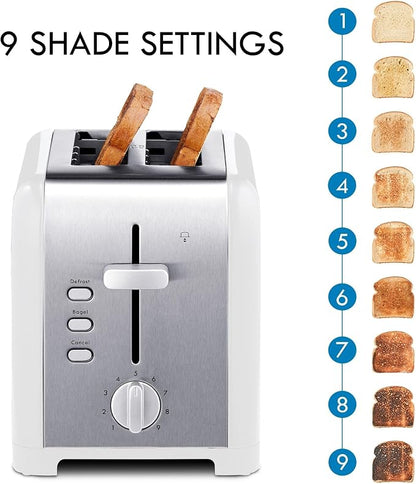 Kenmore 2-Slice Toaster, White Stainless Steel, Extra Wide Slots, Bagel and Defrost Functions, 9 Browning Levels, Removable Crumb Tray, for Bread, Toast, English Muffin, Toaster Strudel