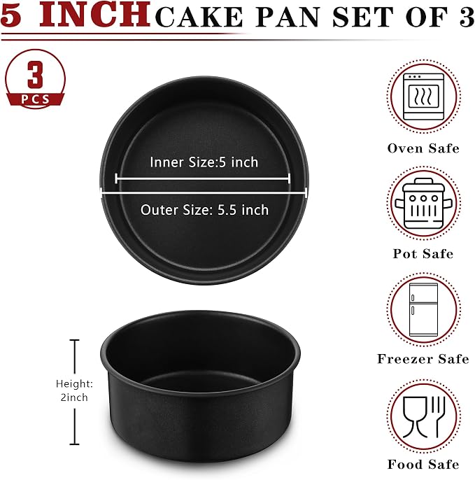 E-far 5 Inch Cake Pan Set of 3, Nonstick Stainless Steel Small Baking Pans Tins, Round Bakeware for Layer Cakes, Stainless Steel Core & Non-Toxic Coating, Straight Side & 2 Inch Deep