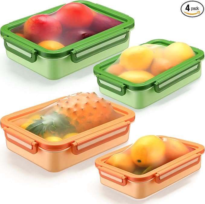 Reallnaive 4 Pcs Large Silicone Fruit Storage Box Anti-oxidation Avocado Saver Keeper Reusable Fridge Containers for Fruit Vegetable Tomatoes Garlic Lemons Potatoes Apples