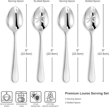KEAWELL Louise Premium 2 Piece Serving Spoons and 2 Piece Serving Slotted Spoons – 9 inches – 18/10 Stainless Steel - Uniting Elegance and Durability - Exquisite Serving Utensils for Parties