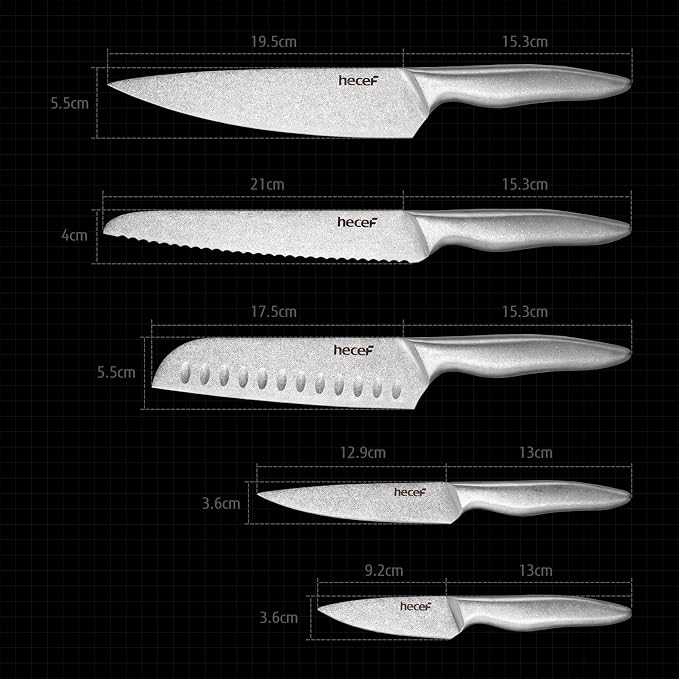 hecef Vintage Style Kitchen Knife Sets,Scratch Resistant Camping Matte Knives with 5 Slots Recycled Oxford Cloth Knife Roll Bag & Covers,Stonewashed High Carbon Stainless Steel Blades & Hollow Handle