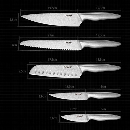 hecef Vintage Style Kitchen Knife Sets,Scratch Resistant Camping Matte Knives with 5 Slots Recycled Oxford Cloth Knife Roll Bag & Covers,Stonewashed High Carbon Stainless Steel Blades & Hollow Handle