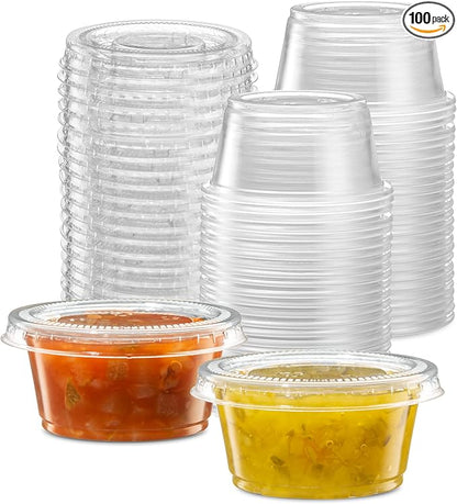 2 oz - 100 Sets Clear Diposable Plastic Portion Cups With Lids, Small Mini Containers For Portion Controll, Jello Shots, Meal Prep, Sauce Cups, Slime, Condiments, Medicine, Dressings, Crafts,