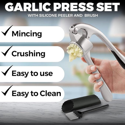 Premium Garlic Press Set - Stainless Steel Mincer Crusher Grater Tool with Silicone Peeler and Brush - Dishwasher Safe Metal Presser Grinder Smasher Masher Squeezer Shredder for Ginger, Butter, Herb