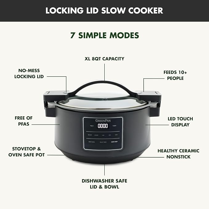 GreenPan 8QT Locking Lid Slow Cooker, Ceramic Nonstick PFAS-Free Removeable Bowl, Silicone & Glass Rim, Travel Friendly, Multi-Cooker, Stovetop Searing & Oven Safe 400°F Dishwasher Safe Parts,Graphite