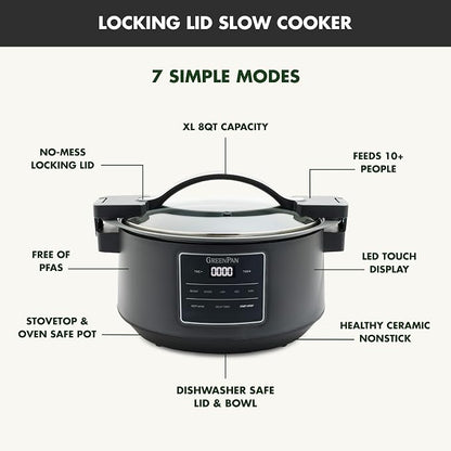 GreenPan 8QT Locking Lid Slow Cooker, Ceramic Nonstick PFAS-Free Removeable Bowl, Silicone & Glass Rim, Travel Friendly, Multi-Cooker, Stovetop Searing & Oven Safe 400°F Dishwasher Safe Parts,Graphite