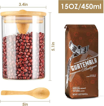 4 Pack Glass Containers Jars with Bamboo Lid and Spoon, 15OZ Airtight Glass Jars, Food Storage Jar Set Kitchen Glass Canisters for Coffee Beans, Tea, Flour, Nuts, Candy, Dry Goods, Cookie and More