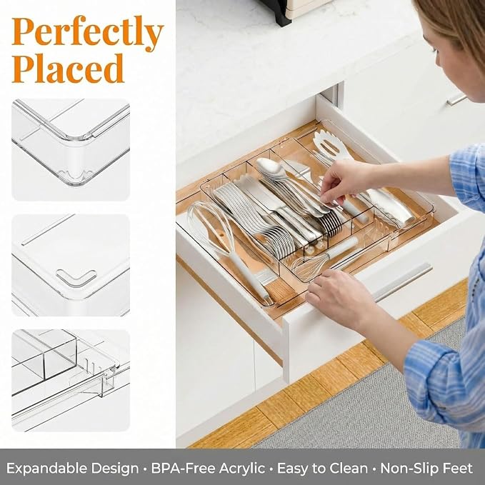 Expandable Silverware Organizer for Drawer, Clear Acrylic Utensil Organizer with Adjustable Compartments, Large Kitchen Drawer Organizer Tray for Cutlery, Flatware & Utensils Storage