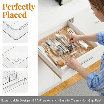 Expandable Silverware Organizer for Drawer, Clear Acrylic Utensil Organizer with Adjustable Compartments, Large Kitchen Drawer Organizer Tray for Cutlery, Flatware & Utensils Storage