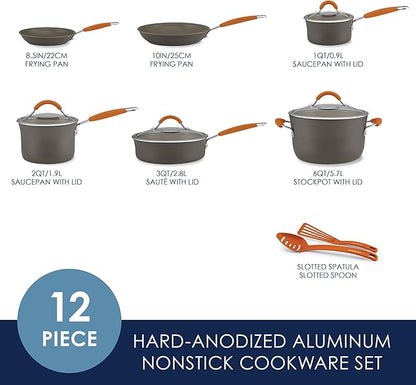 Rachael Ray Cucina Dishwasher-Safe Hard-Anodized Pots and Pans Set Non Stick Cookware, 12 Piece, Gray with Orange Handles