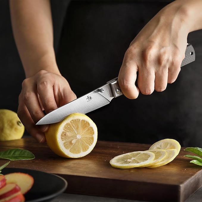 SENBON 440 Stainless Steel Super Sharp Pocket Folding Chef Knife Peeling Utility Knife Carbon Fiber Handle Camping Barbecue Outdoor Back Clip Portable Fruit Knife