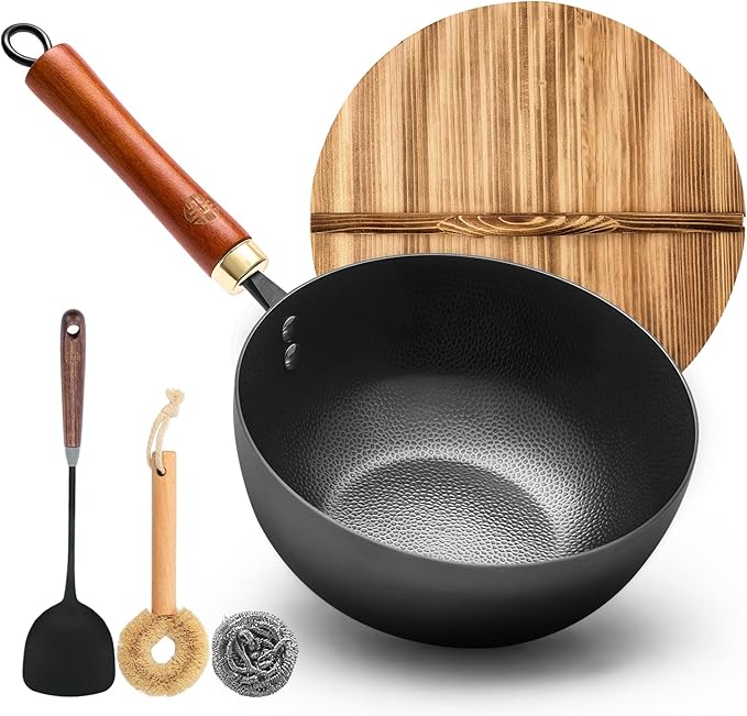 WANGYUANJI 8.7 Inch Carbon Steel Mini Wok with Wooden Lid & Detachable Handle, 2.2 Qt Small Wok Pan for 1–2 People, Flat Bottom Uncoated Stir Fry Pan for Ramen, Deep Frying, Gas & Induction