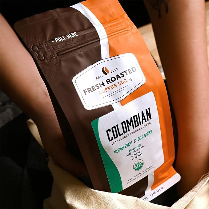 Fresh Roasted Coffee, Organic Colombian Whole Bean Coffee, Medium Roast, USDA Organic, 100% Single Origin, Kosher, 12 oz