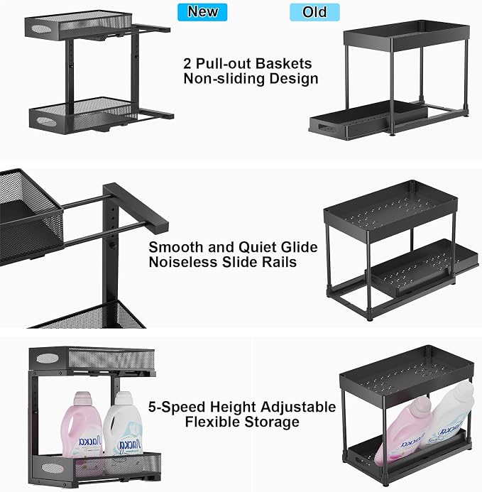 Under Sink Organizer, 2-Tier Pull Out Baskets, Black | Rustproof carbon steel, 2 tier mesh sliding drawers, Height adjustable to bypass pipes, For kitchen, bathroom, laundry
