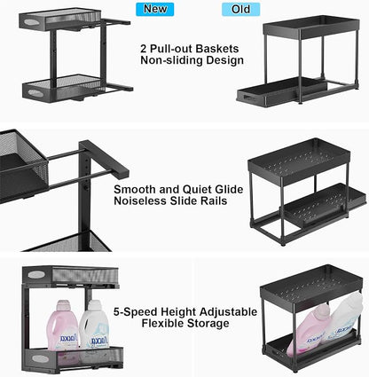 Under Sink Organizer, 2-Tier Pull Out Baskets, Black | Rustproof carbon steel, 2 tier mesh sliding drawers, Height adjustable to bypass pipes, For kitchen, bathroom, laundry