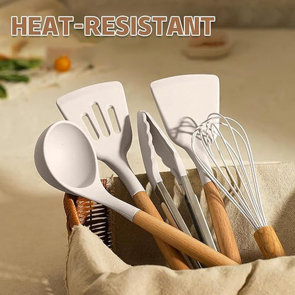 Umite Chef Kitchen Cooking Utensils Set, 33 pcs Non-Stick Silicone Cooking Kitchen Utensils Spatula Set with Holder, Wooden Handle Silicone Kitchen Gadgets Utensil Set (Khaki)
