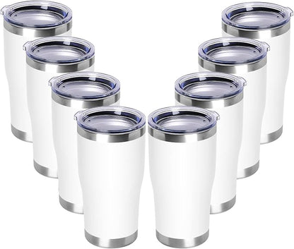 DOMICARE 20oz Tumbler with Lid Stainless Steel Tumblers Bulk, Double Wall Vacuum Insulated Coffee Travel Mug Powder Coated Tumbler, 8 Count (Pack of 1) White