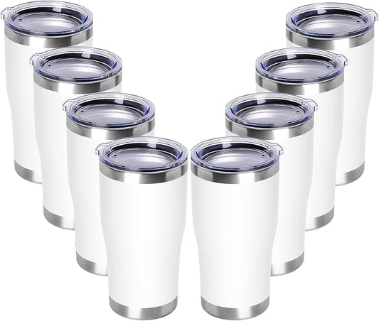 DOMICARE 20oz Tumbler with Lid Stainless Steel Tumblers Bulk, Double Wall Vacuum Insulated Coffee Travel Mug Powder Coated Tumbler, 8 Count (Pack of 1) White