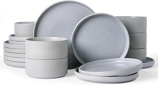 Famiware Star 18-Piece Reactive Glaze Plates and Bowls Sets, Service for 6 - Stoneware Dinnerware with Trim, Modern Rustic Dishes, Chip & Scratch Resistant, Microwave & Dishwasher Safe, Matte Gray