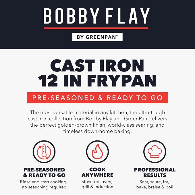 GreenPan x Bobby Flay 12” Cast Iron Pre-Seasoned Skillet with Helper Handle, Professional Grade Heavy Duty, Induction, Pour Spouts, Versatile Stovetop, Oven, BBQ Grill Fire, Indoor/Outdoor Use, Black