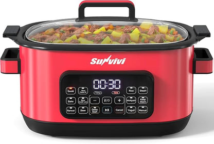 Sunvivi 12-in-1 Multi Cooker, 6.5QT Programmable Slow Cooker with Timer & Temp Control, Auto Warm Setting, Delay Start, Dishwasher Safe Lid & Removable Nonstick Crock, Stainless Steel Rack, Red