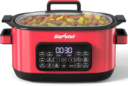 Sunvivi 12-in-1 Multi Cooker, 6.5QT Programmable Slow Cooker with Timer & Temp Control, Auto Warm Setting, Delay Start, Dishwasher Safe Lid & Removable Nonstick Crock, Stainless Steel Rack, Red
