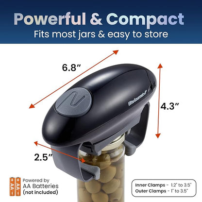 Elite Gourmet EJO800 High Power Torque Automatic Battery Operated Electric Jar Opener, One-Touch Electric Operation, Easily Remove Most-Size Lids with Auto-Size Guides, Black/Gray