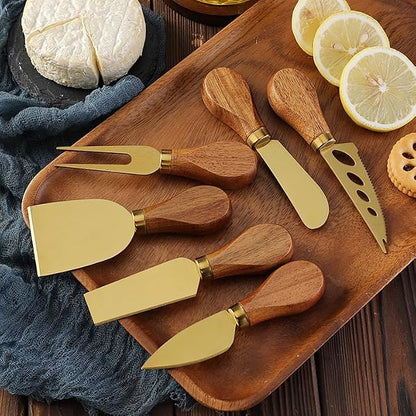 6 Pcs Gold Cheese Knives Set Tools Stainless Steel Cheese Slicer and Cutters for Kitchen Board Knife Set for Kitchen Charcuterie Board Accessories Housewarming Gift (Acacia-Gold Box)