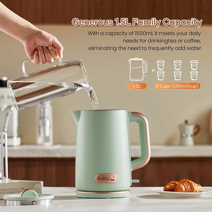 OLEGA Electric Kettle: 1200W Fast Boil Electric Water Kettles, 1.5L Double Wall Stainless Steel Tea Kettle, Auto Shut-Off, BPA-Free Hot Water Boiler Teapot for Coffee & Tea -Ligth Green