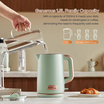 OLEGA Electric Kettle: 1200W Fast Boil Electric Water Kettles, 1.5L Double Wall Stainless Steel Tea Kettle, Auto Shut-Off, BPA-Free Hot Water Boiler Teapot for Coffee & Tea -Ligth Green