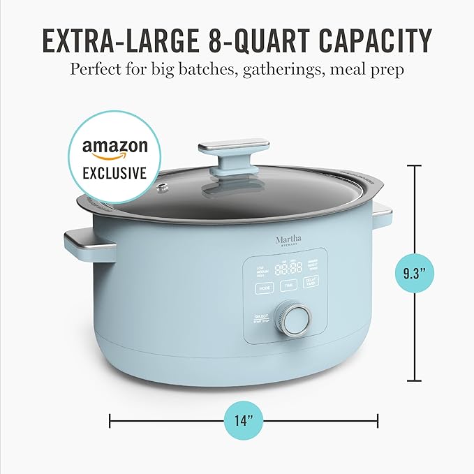 Martha Stewart 8 QT Slow Cooker, Programmable with Timer, 3 Heat Settings (Low, High, Warm), Nonstick Ceramic Removable Crock, Stovetop & Oven Safe, Glass Lid, Simmer, Reheat, Warm, Sky