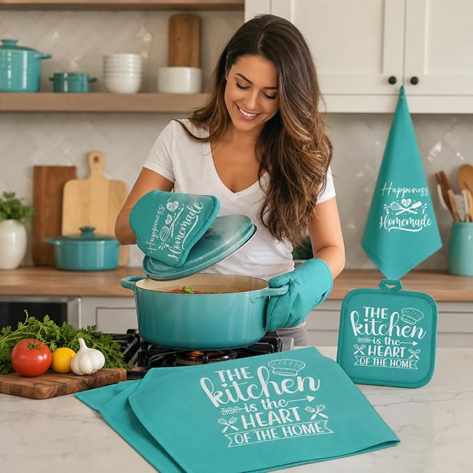 Sratte 6 Pcs Kitchen Decor Accessories Set Farmhouse Towels Pot Holders Oven Mitts Set 2 Dish Towels 2 Potholders 2 Cooking Mittens Oven Glove for Christmas Baking Cooking Supply(Light Teal,Kitchen)