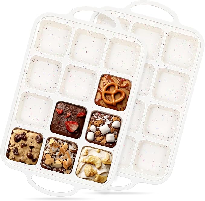 Vinino Silicone Brownie Pan with Dividers, 2 Pack Mini Loaf Pan for Baking Individual, Nonstick 12 Cups Square Muffin Cupcake Pans with Metal Reinforced Frame-Cream