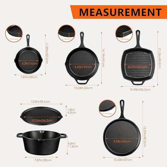 6 Piece Pre-Seasoned Cast Iron Cookware Set – Incl. 5QT Dutch Oven with Lid, 8'' and 10.25'' Cast Iron Skillets, 10.5'' Round Griddle, and a Square Grill Pan for Kitchen, Stovetop, & Camping