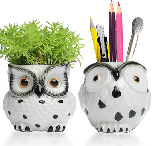 Owl Ceramic Planters Mini Plant Pots 3Inch With Drainage Pen Pencil Holder Cute Decor Flower Planters Gift Packaging Herb Cactus Plant Pots Air Plant Kitchen Window Gardening Starter Set Teacher Gifts
