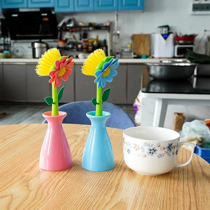 Long Handle Vegetable and Fruit Brush, Florganic Dish Brush with Vase, Long Handle Dish Brush Kitchen, for Cleaning Pot Pan Sink Kitchen Supplies Decorative Vase (2 Pcs Blue, Pink)