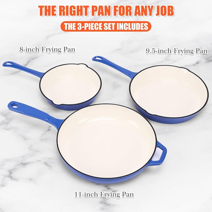 Nonstick Enameled Cast Iron Cookware - 3-Piece Skillet Set (8", 9.5" & 11"), Healthy Non-Toxic, PFOA PFAS PTFE Free, All Stovetops Compatible, Blue