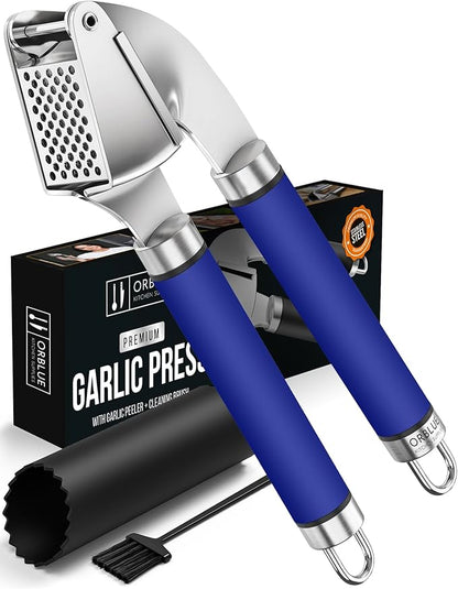 ORBLUE Garlic Press and Peeler Set, Stainless Steel - Professional Grade Mincer, Crusher - Dishwasher Safe & Rust-proof, Blue