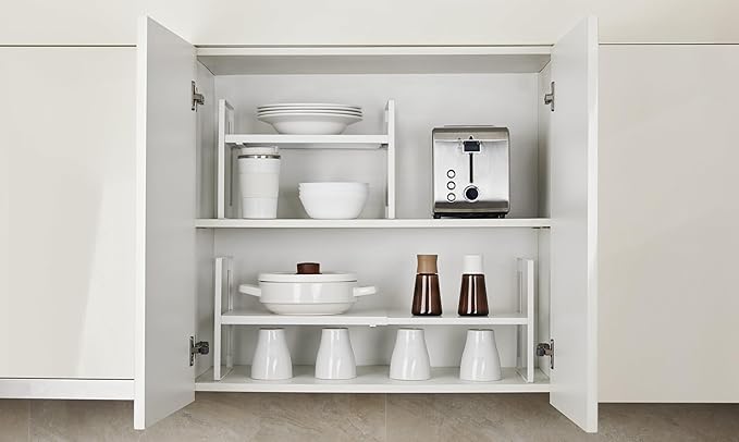 Nxconsu Expandable Cabinet Shelf Organizer Riser, 10.5" 1 Pack White | Heavy-Duty Steel Expandable Shelf Holds 50 lb, 5-Level Stackable Riser for Kitchen Cabinet Cupboard Pantry Counter Under Sink