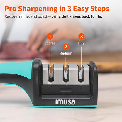 IMUSA Knife Sharpener – Kitchen Knife Sharpener with 3-Stage Stainless Steel Blade Sharpener Design – Easy to Use, Ergonomic Manual Knife Sharpening Kit with Non-Slip Base