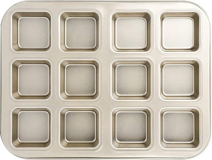 Beasea Brownie Pan with Dividers, 1 Set Gold All Edges Square Cupcake Brownie Pans 12 Cavity Mini Non Stick Baking Carbon Steel Bread Mold Small Edge 3x4 Individual Cutter Sheet Tray for Cake Oven
